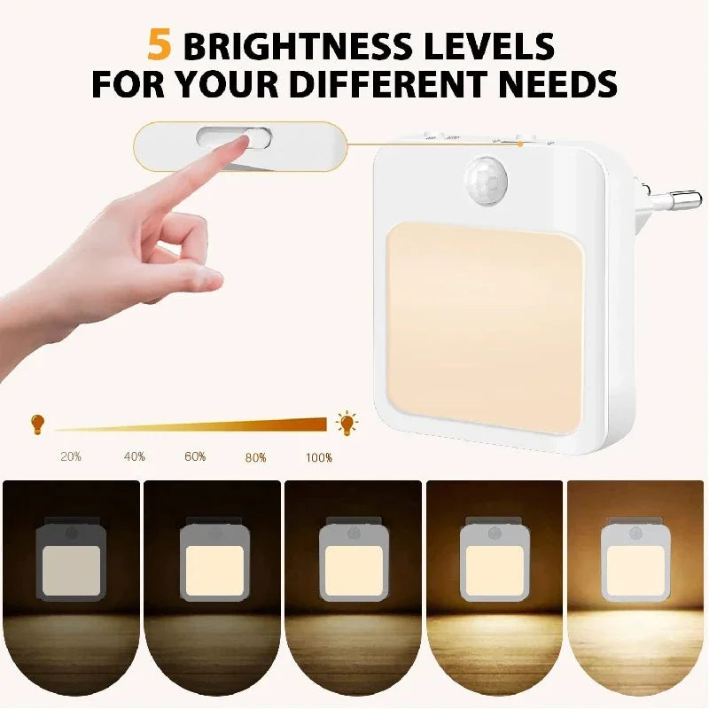Motion Sensor LED Night Light with EU Plug – Plug-In Bedside & Kids Night Lamp, Warm/White Light
