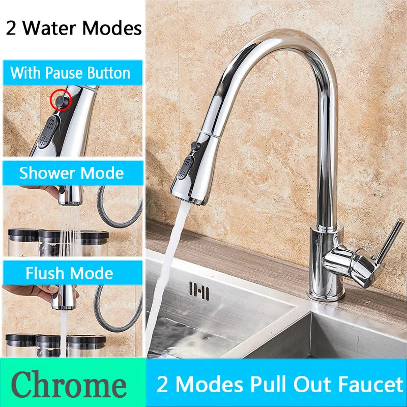 Chrome Deck-Mounted Pull-Out Kitchen Faucet - Single-Handle Single-Hole Mixer Tap with Ceramic Valve & Stream Sprayer