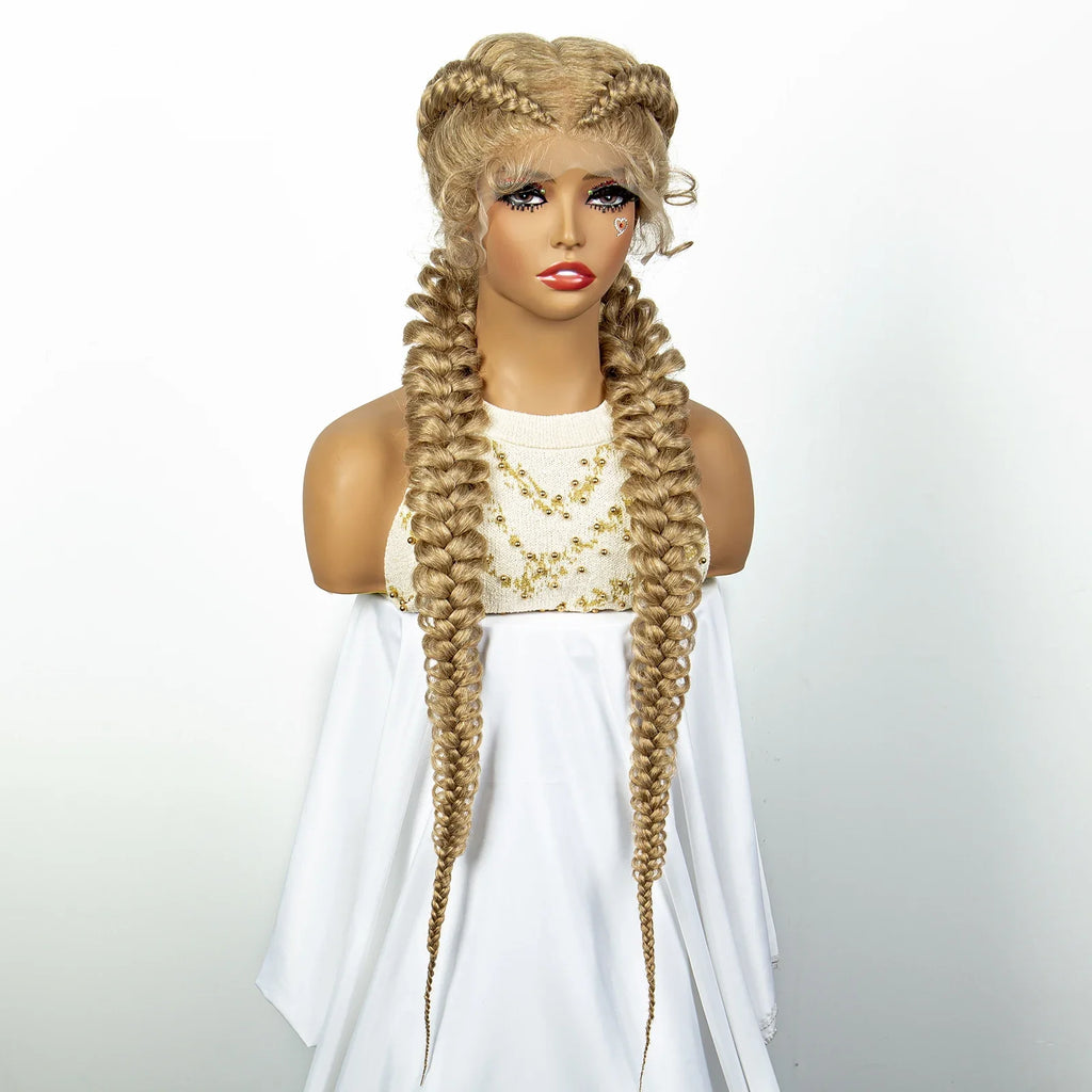 1B/30 Dark Brown Synthetic Lace Frontal Dutch Box Braided Wigs for Black Women Fishtail Braids Wigs with Baby Hair Cornrow Wigs