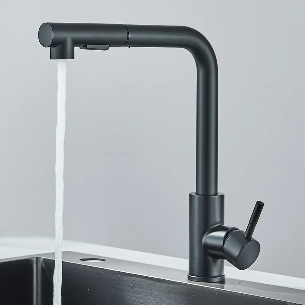Pull-Out Kitchen Faucet Single-Handle Deck-Mount, High-Pressure Retractable Spout with Dual Spray Modes — Hot & Cold (Brushed Nickel / Matte Black)