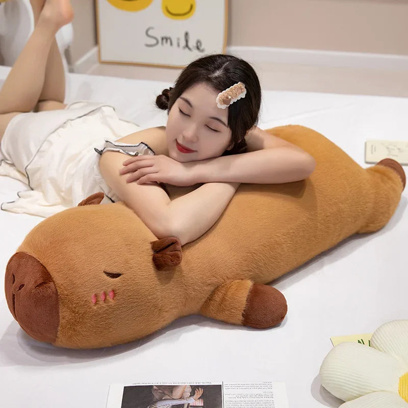Kawaii Giant Capybara Plush Pillow – 60/80/100cm (24/32/39 in) Lying Stuffed Animal with Wings, Brown Orange Cushion for Home Decor