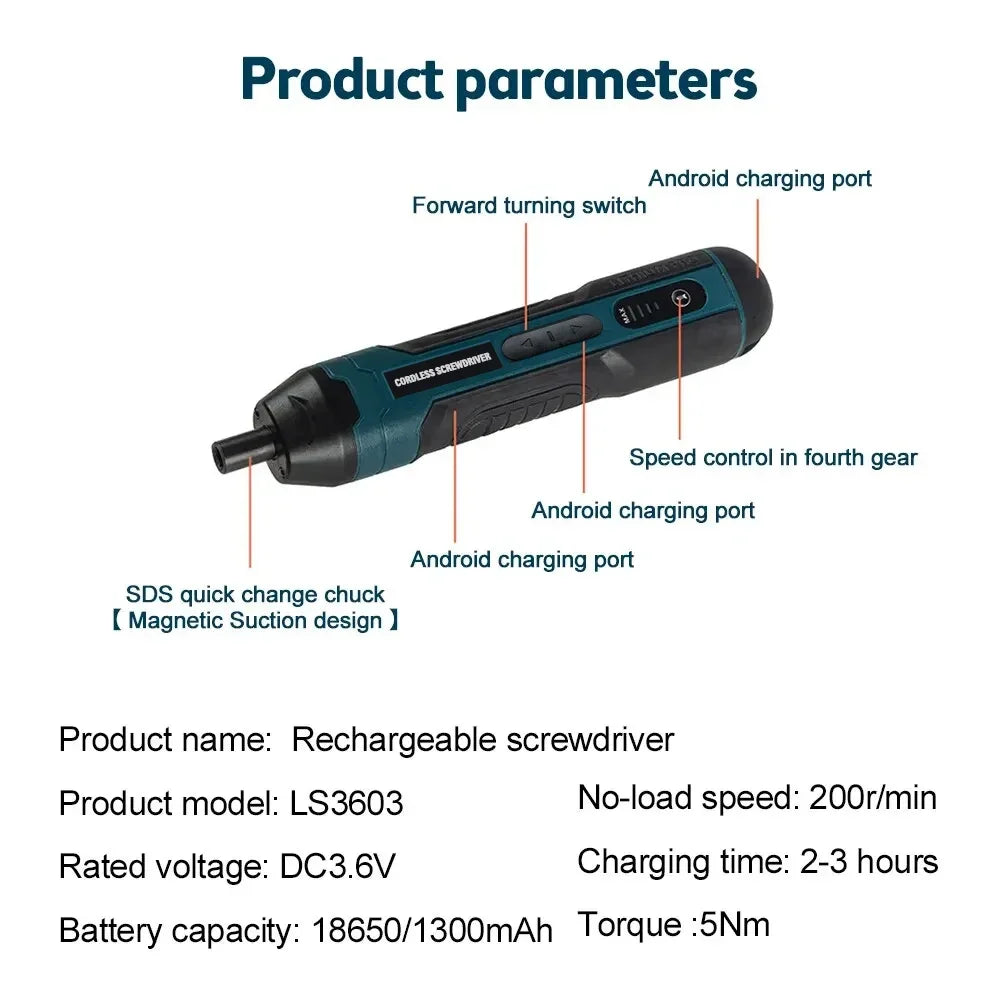 Mini Cordless Electric Screwdriver 3.6V Rechargeable 1300mAh, 5Nm Torque Precision Kit with Bits
