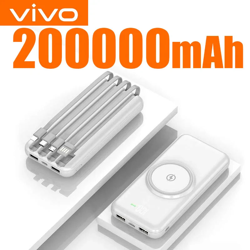 200000mAh Portable Power Bank Wireless Charger — 4 Built-In Cables, LED Digital Display, PD 20W & 120W Fast Charge