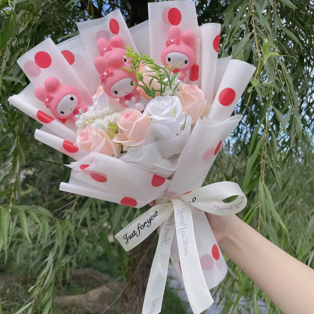 Kawaii Cat Plush Bouquet with Artificial Flowers — Cute Plush Doll Gift for Her, Valentine, Birthday, Graduation