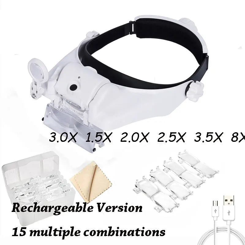 Rechargeable LED Headband Magnifier with Interchangeable Lenses – Adjustable Hands-Free Loupe for Soldering, Jewelry & Crafting