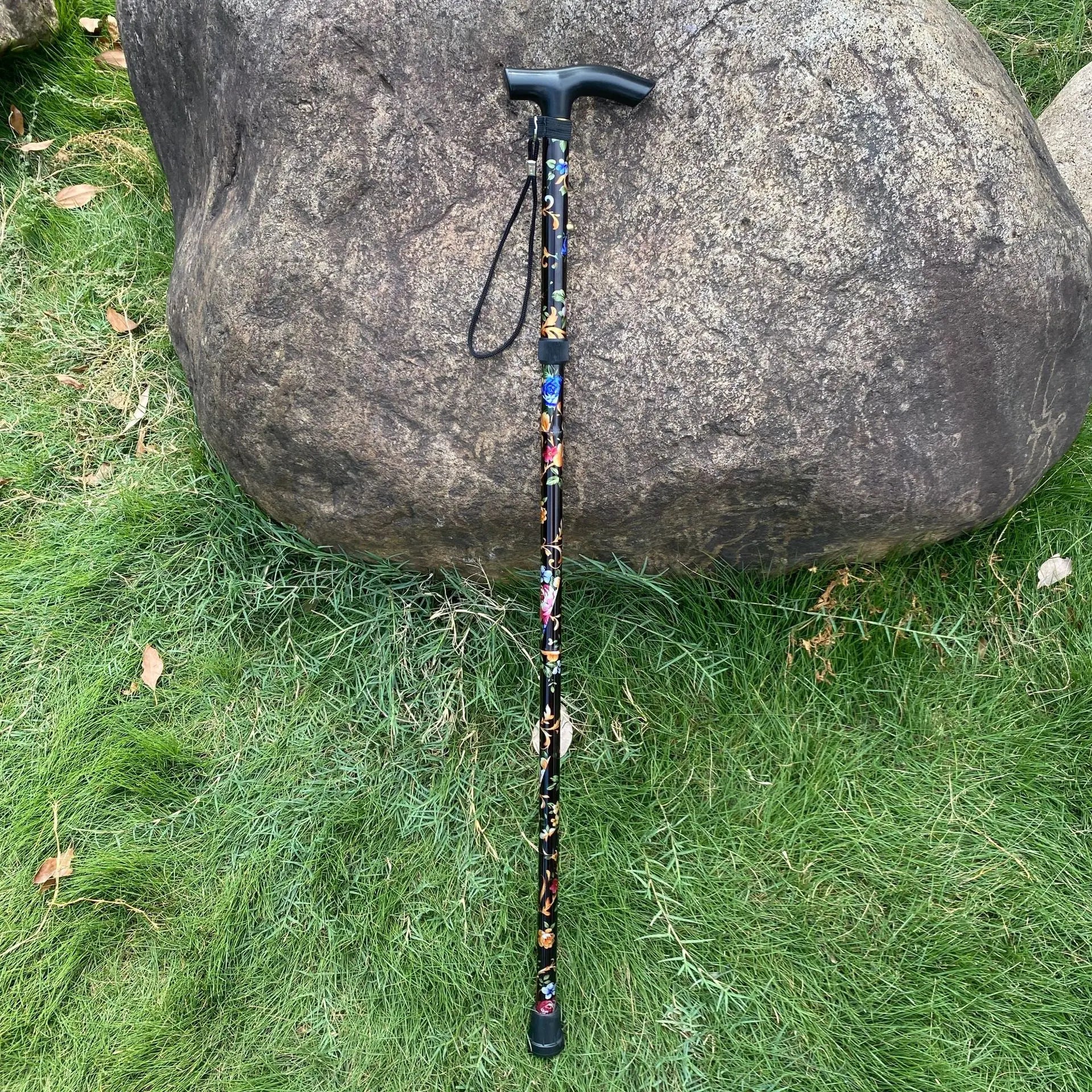 Adjustable Foldable Flower-Top Aluminum Walking Cane – T-Handle Portable Hiking Stick, 32–36 in (82–92 cm)