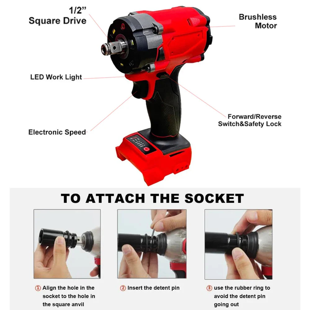 Brushless 1/2" (12.7 mm) Impact Wrench, 500 N·m (369 ft·lb) Cordless Electric Driver, 4-Gear, 18V Battery Compatible
