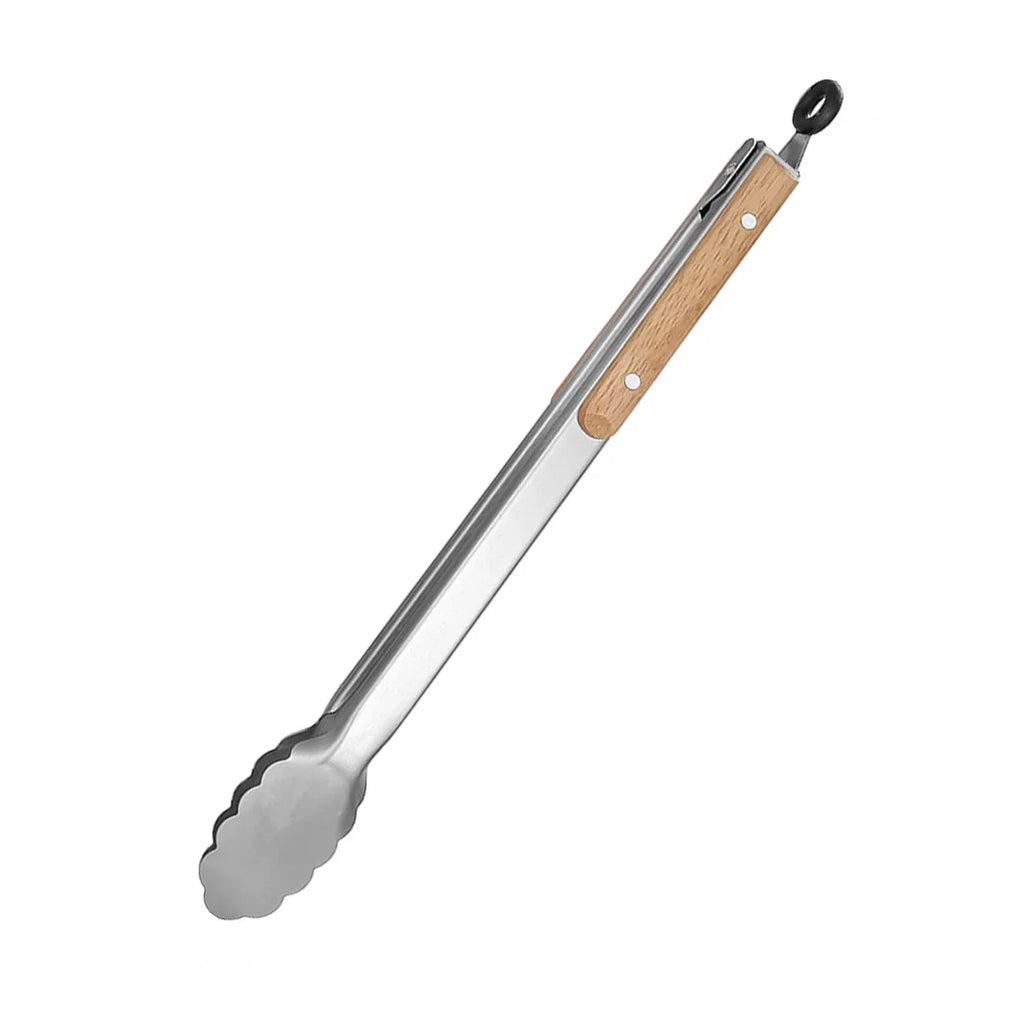 Stainless Steel Grill & Salad Tongs with Oak Handle, Locking Ring, Heat-Resistant — 5 Sizes Available
