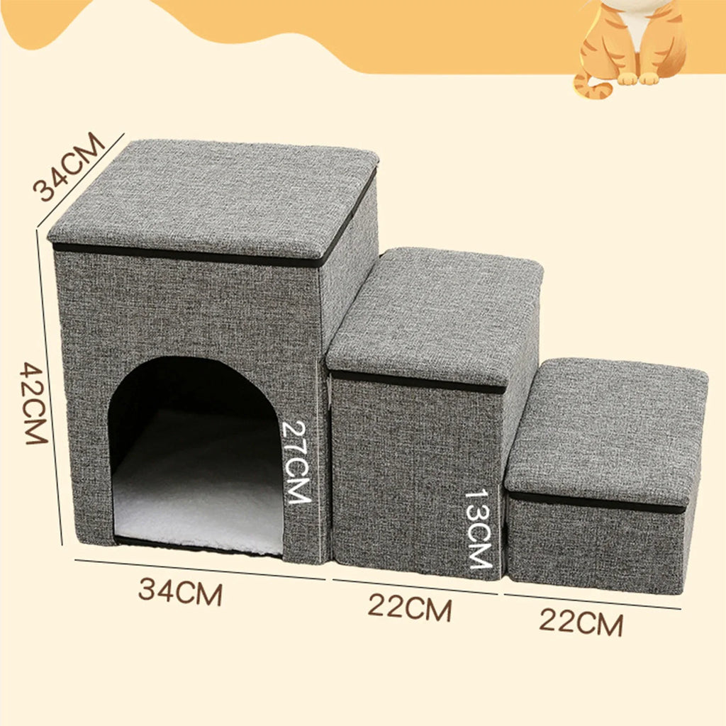 Foldable Pet Stairs with Storage Box and Non-Slip Pads — 3-Size Dog & Cat Ramp Set for Beds, Sofas, Indoor/Outdoor