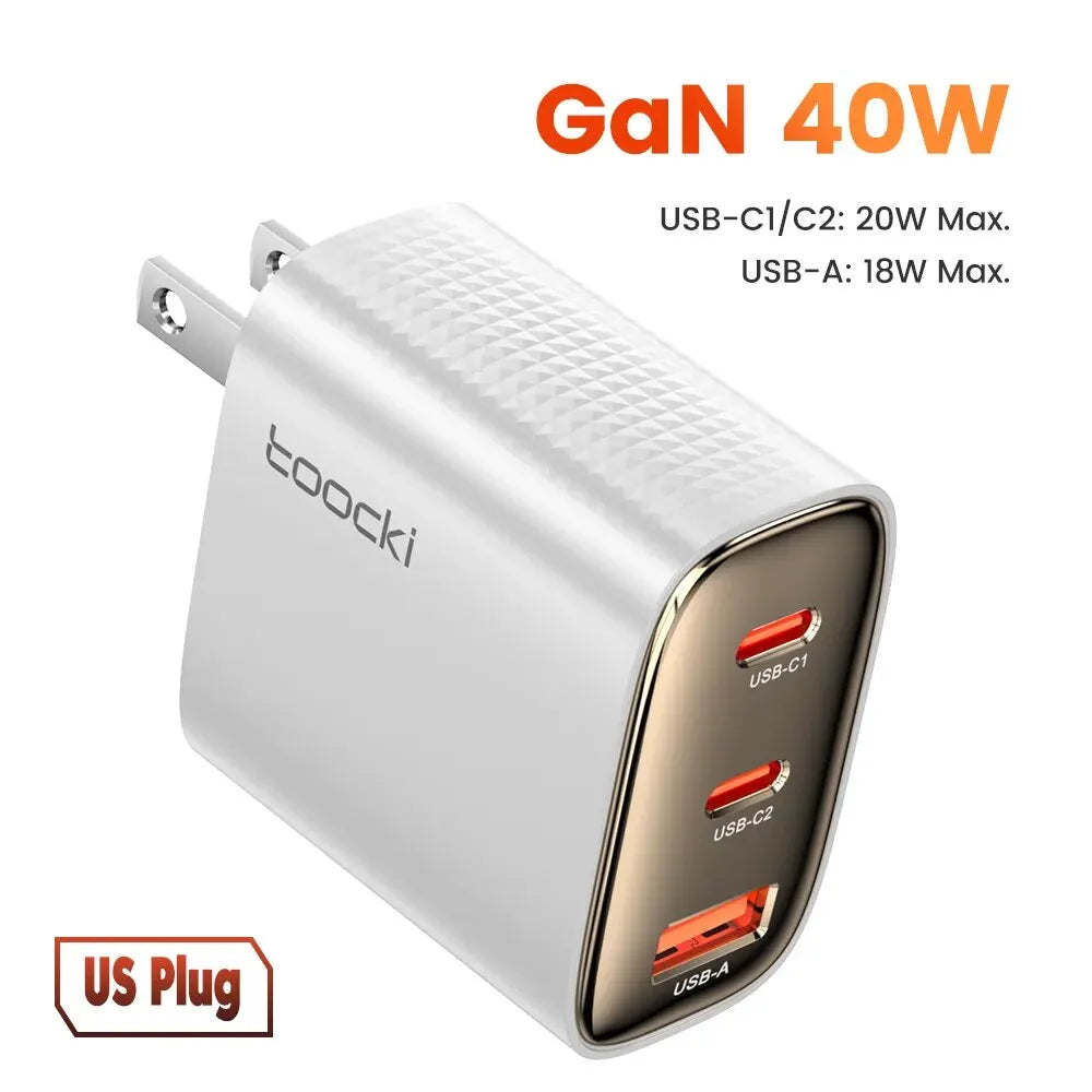 40W GaN 3-Port USB Fast Charger – Dual USB-C PD + USB-A QC4.0 Compact Travel Wall Charger