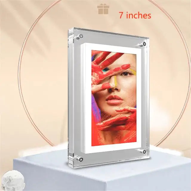 Acrylic Digital Photo Frame 5in / 7in (12.7 / 17.8 cm) IPS Display, 4GB Built-In Memory, USB-C Charging & Video Playback