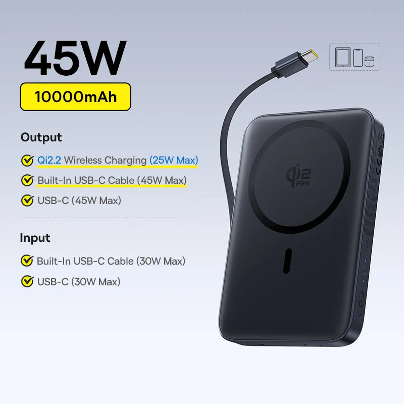 Qi2 Magnetic 10000mAh Power Bank 15W Wireless 22.5W USB-C Fast Charge Magnetic Snap Portable Charger