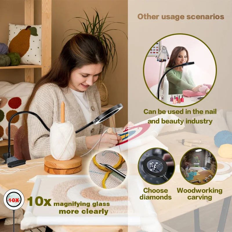 5X/10X LED Magnifying Glass with Light — 3 Color Modes, 10 Brightness Levels, 3.27-inch Glass Lens, Clip-On & Stand for Reading, Crafting, Manicure