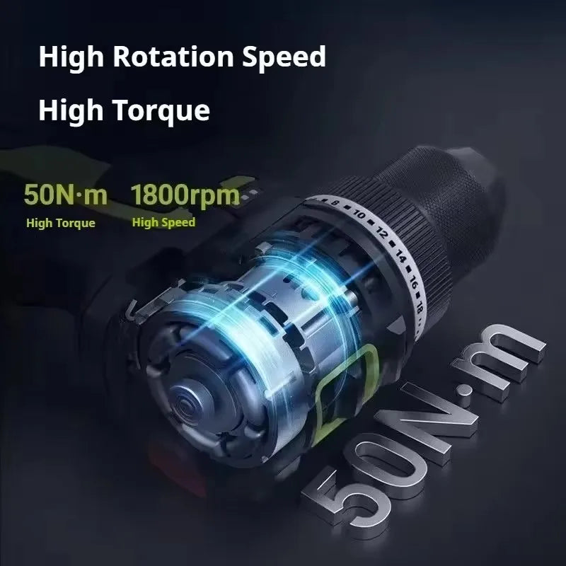 Cordless 12V Brushless Electric Drill 50 Nm (37 ft-lb) 1800 RPM Smart Clutch for Home DIY & Metalworking