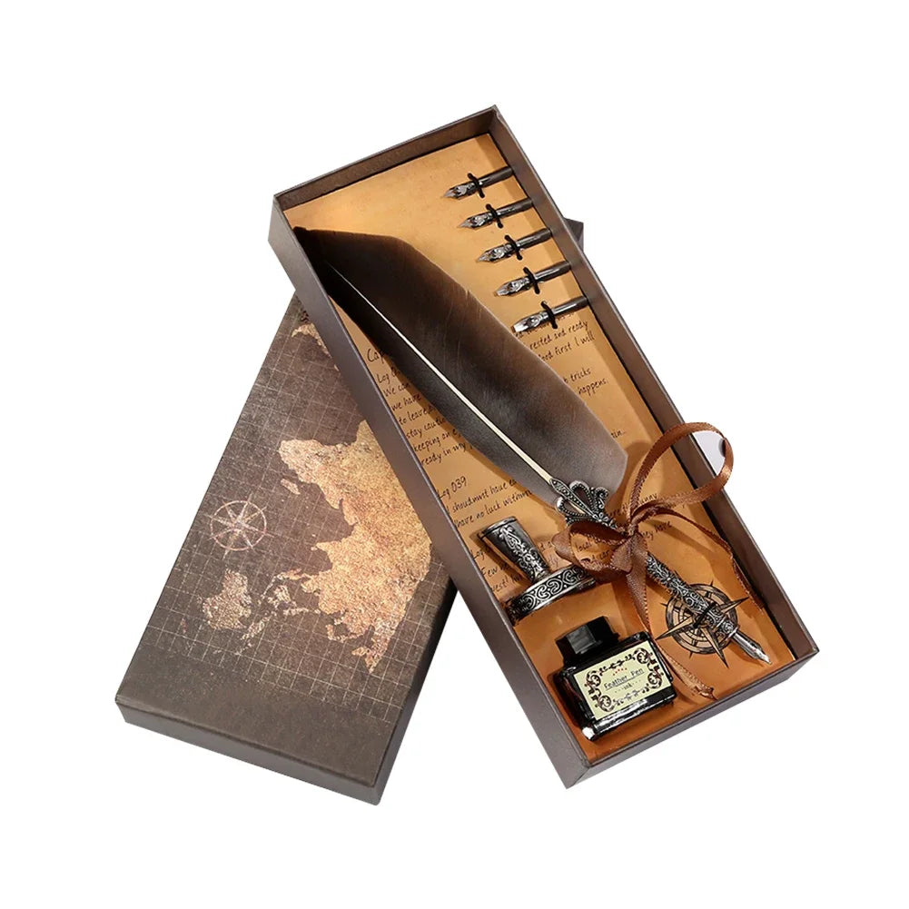 Retro Feather Dip Pen Calligraphy Set with Ink, 5 Nibs & Wax Seal Kit – Quill Writing Set for Stationery, Crafts & Gifts