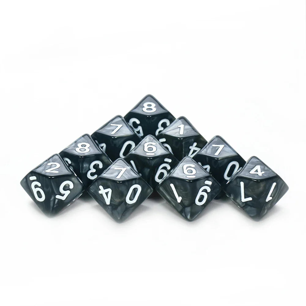 D10 Polyhedral Dice 10-Piece Set for D&D & Tabletop RPGs — Marble & Transparent Styles for Board Games & Parties