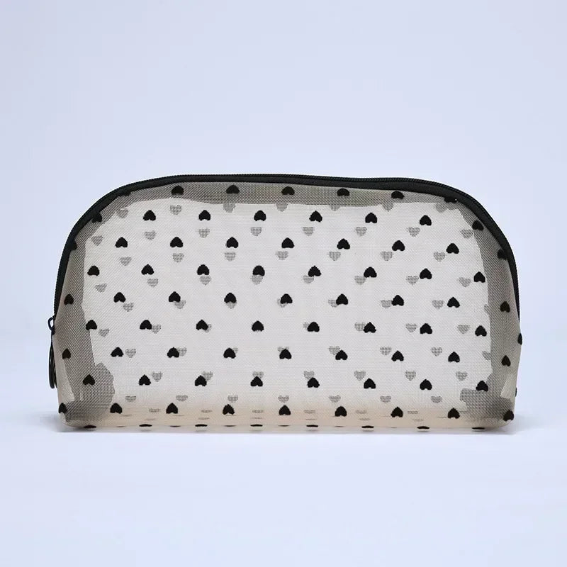 Heart-Shaped Mesh Cosmetic Bag - Zipper Toiletry Makeup Pouch for Women, Coin & Lipstick Organizer