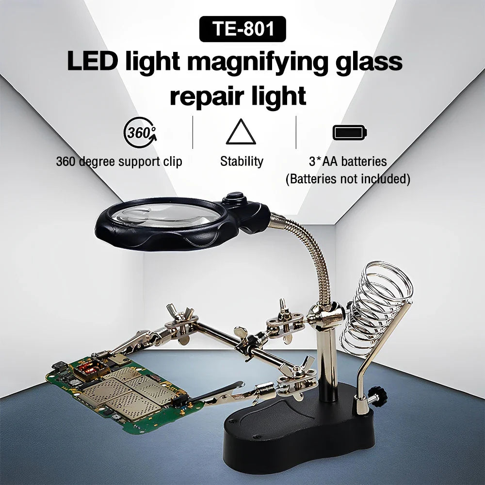 Dual Lens 3.5X/12X Soldering Magnifier with LED Lights & Alligator Clips, Adjustable Clamp Holder for PCB Repair