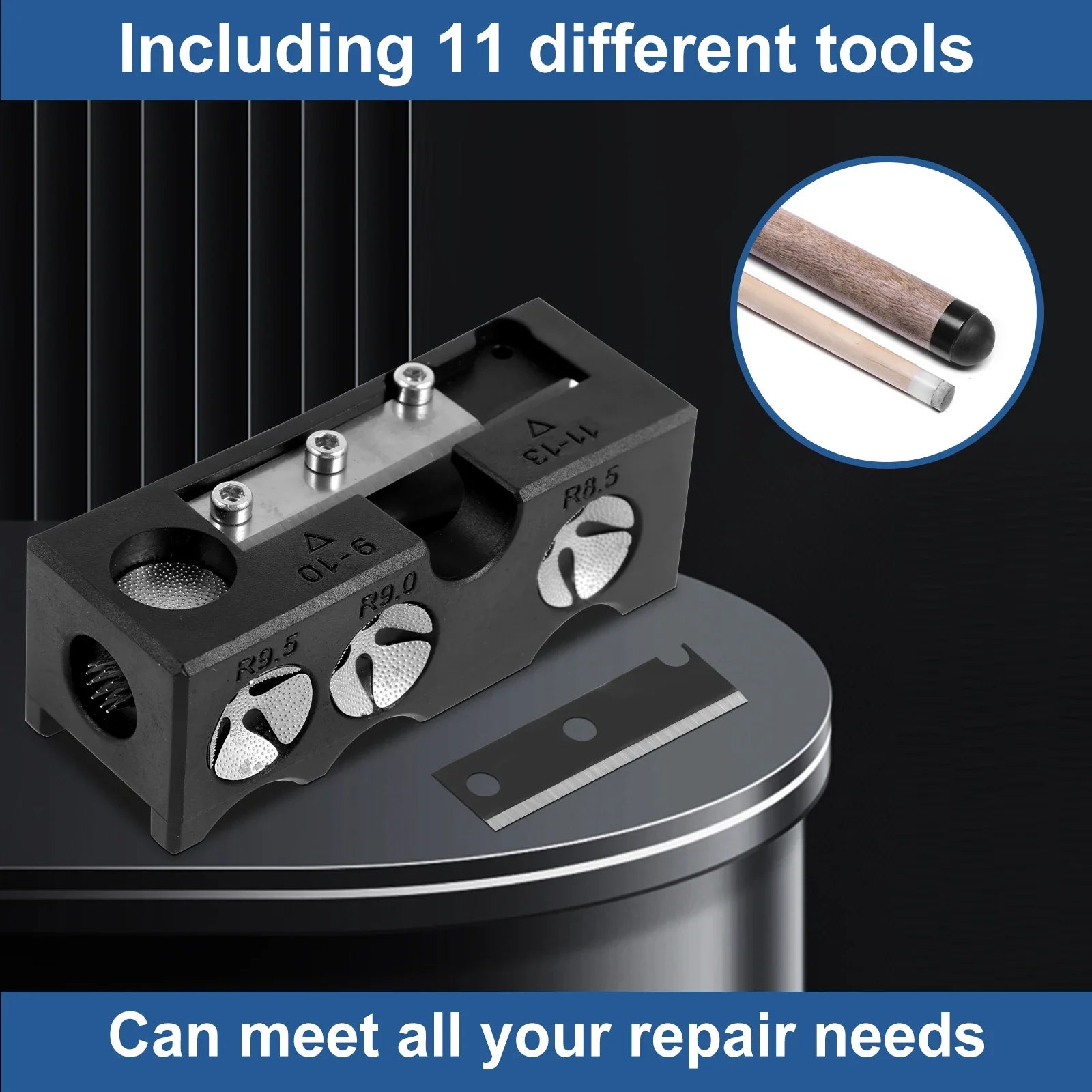 11-in-1 Pool Cue Tip Repair Tool — Aluminum Alloy Billiard Cue Tip Shaper with Wrench & Replacement Blade