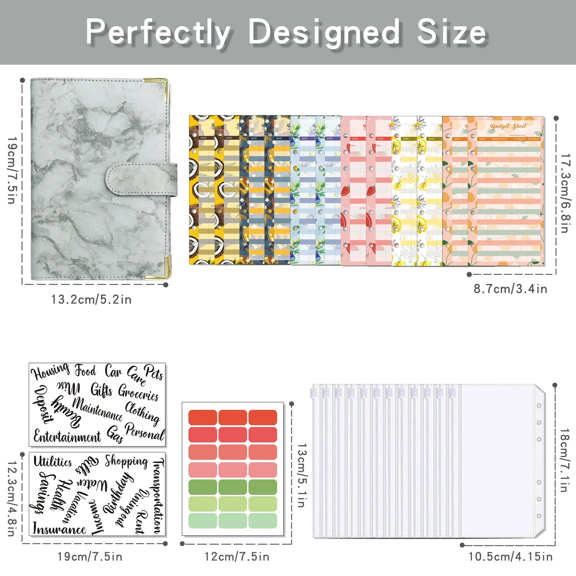 A6 Budget Binder Wallet Organizer — 12 Cash Envelopes, 12 Budget Sheets & 5 Label Stickers (7.84 x 5.2 in / 199 x 132 mm)