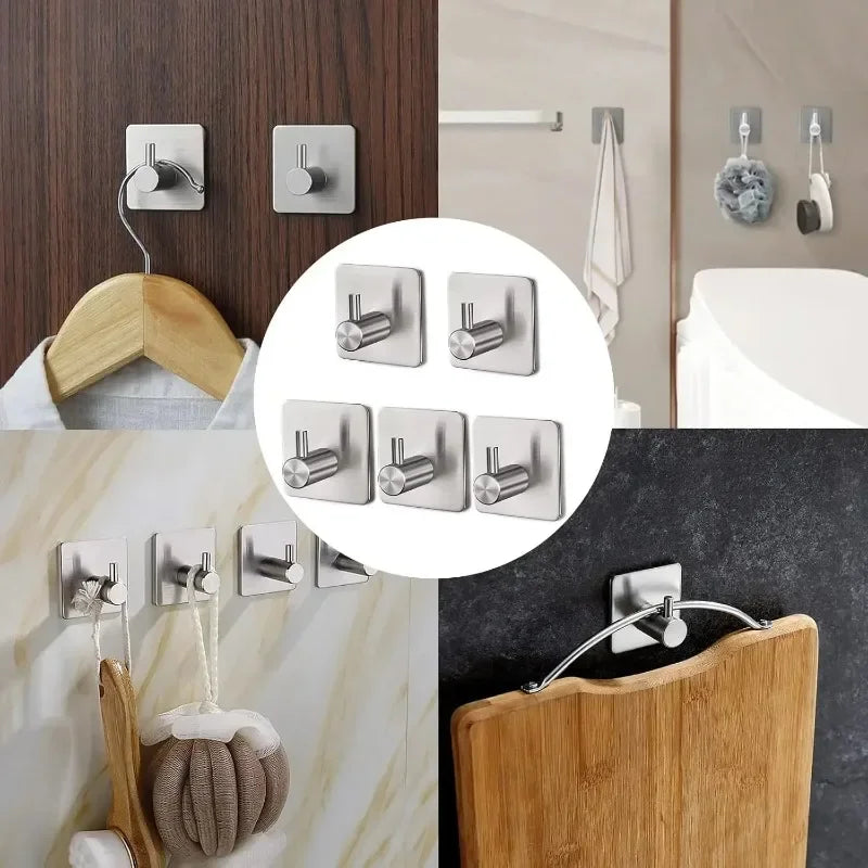 Strong Adhesive Wall Hooks - Nail-Free Stainless Steel Coat, Robe & Towel Hangers, 1/2/4/6/10-Pack (Black)