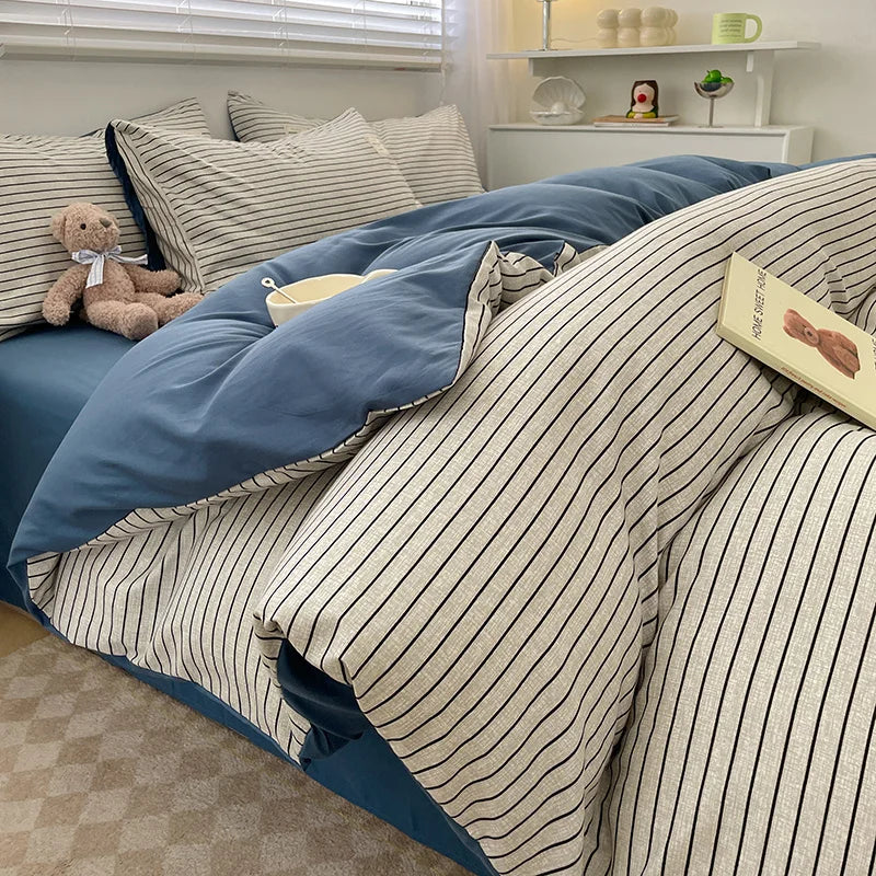 Nordic Plaid Washed Cotton Bedding Set - Duvet Cover + Pillowcases & Flat Sheet - Twin/Full/Queen/King