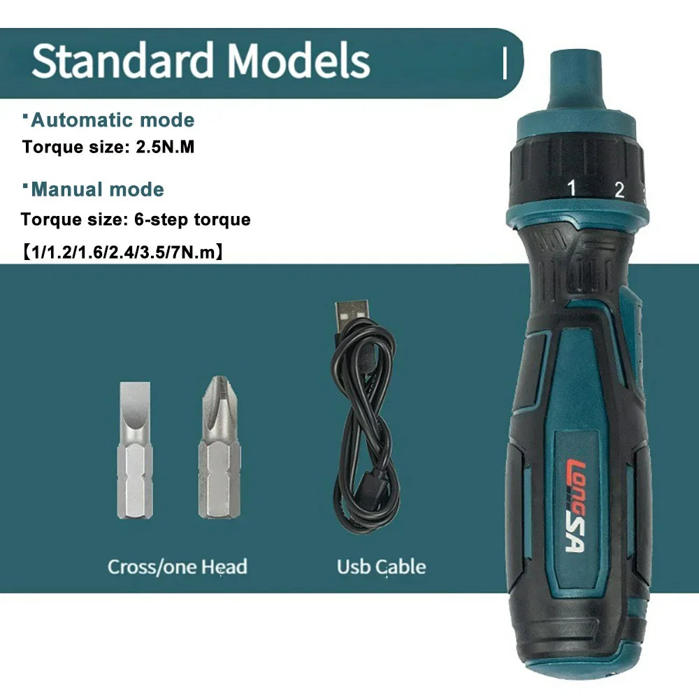 3.6V Mini Cordless Electric Screwdriver — Torque Adjustable Straight Handle, 6.35mm (1/4") Hex Chuck, 1300mAh Lithium Battery