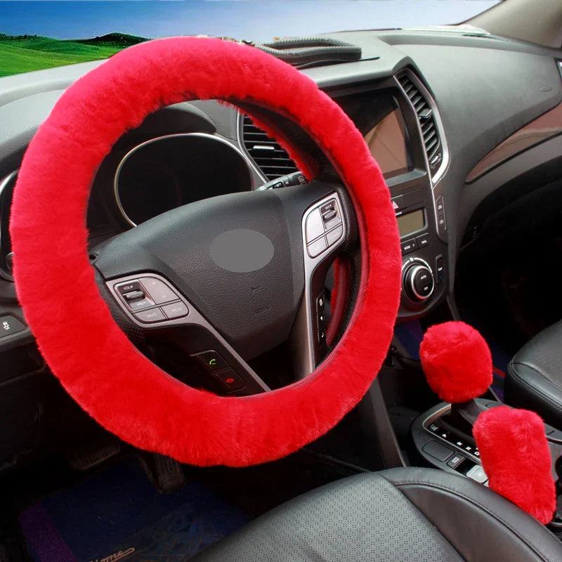 3-Piece Winter Rabbit Plush Car Steering Wheel Cover Set — Handbrake & Gear Lever Sleeves, Soft Fur Auto Interior Accessories