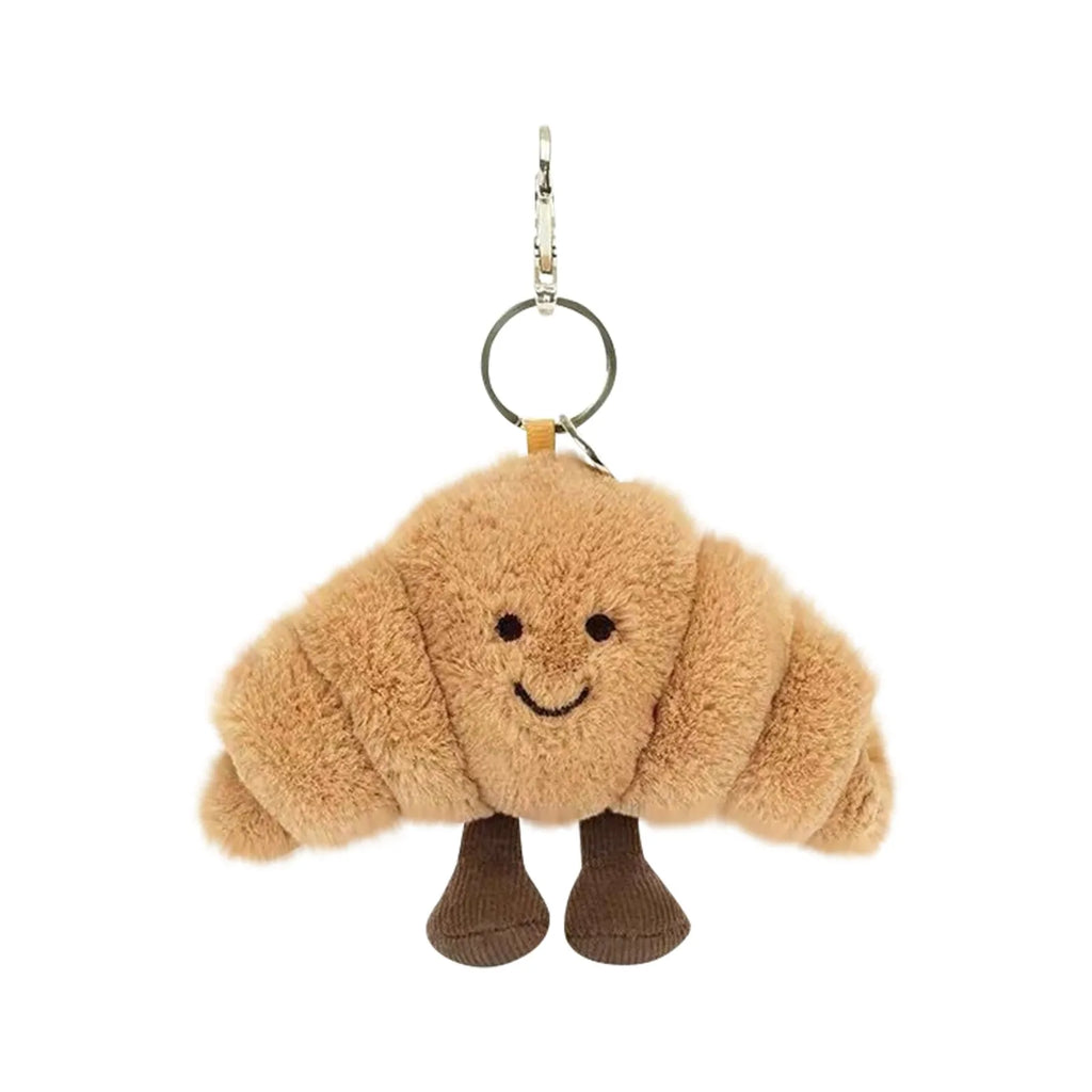 Plush Croissant Bag Charm Keychain (12 x 6 x 11 cm | 4.7 x 2.4 x 4.3 in) - Cute Food Keyring for Bags & Phones