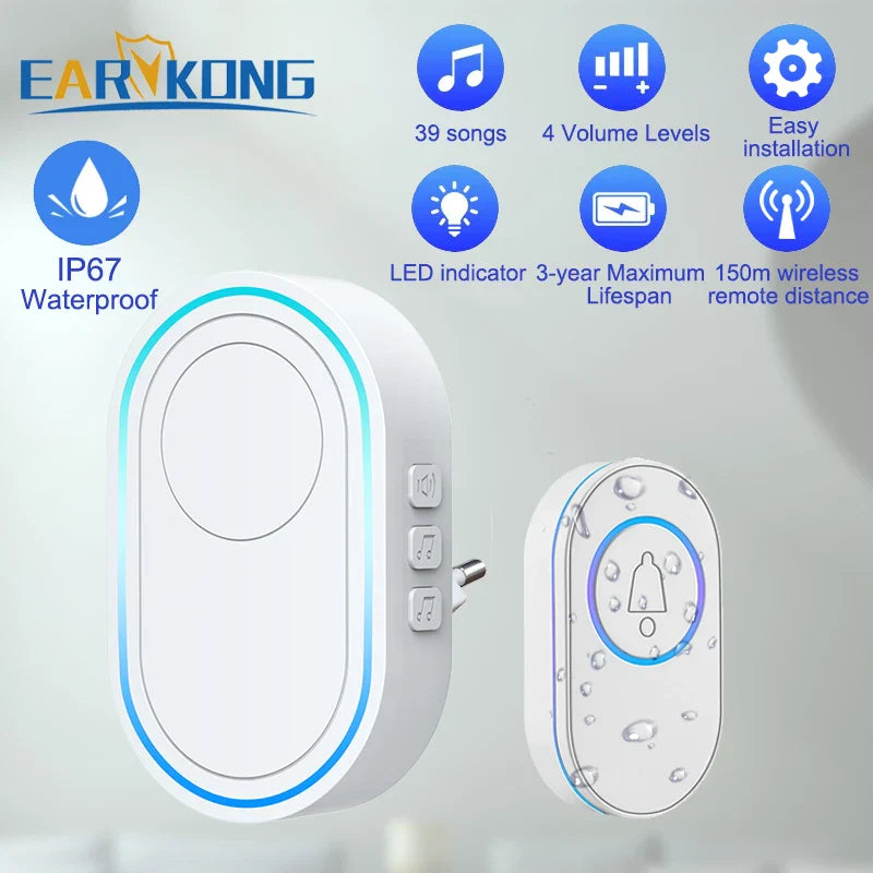 Smart Wireless Doorbell Waterproof Long Range 300m (984 ft) Remote Chime - Plug-in Options EU/UK/US, 39 Melodies