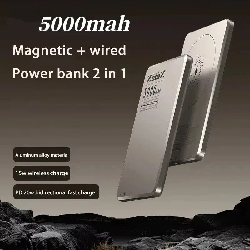 5000mAh Ultra-Slim Magnetic Wireless Power Bank Fast Charge Qi2 Clip-On Portable Battery with Built-In Cables and LED Display