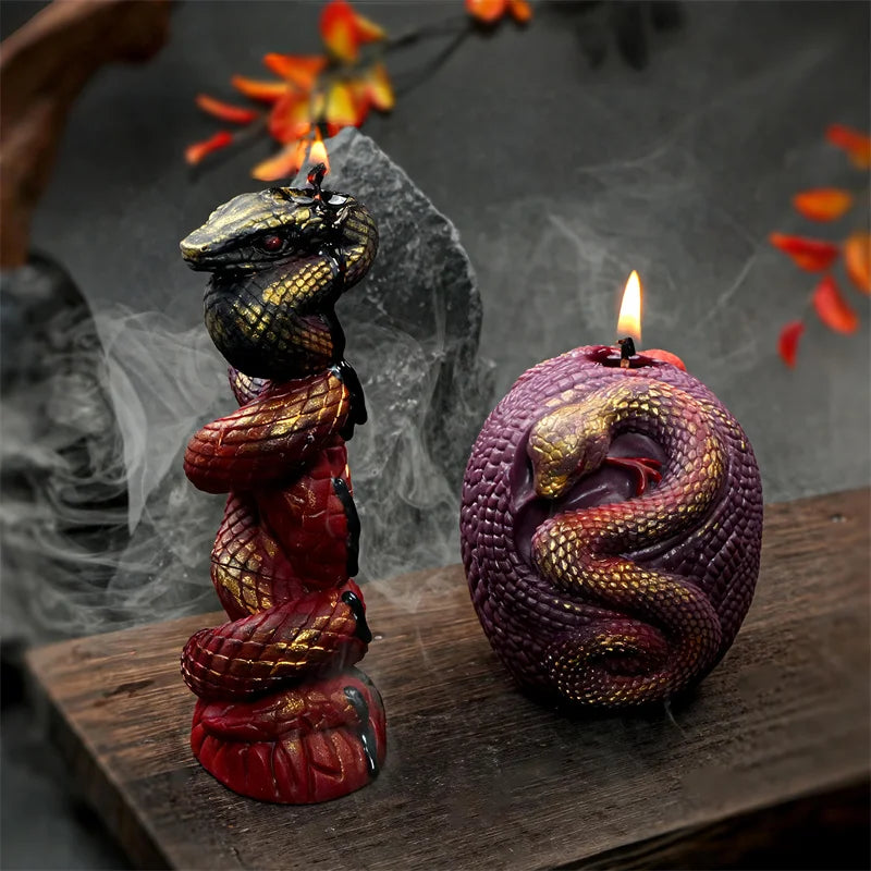 Snake Silicone Candle Mold - Column Candlestick Mold with Coiled Snake, Egg & Rose Relief for DIY Candles & Gypsum Decor