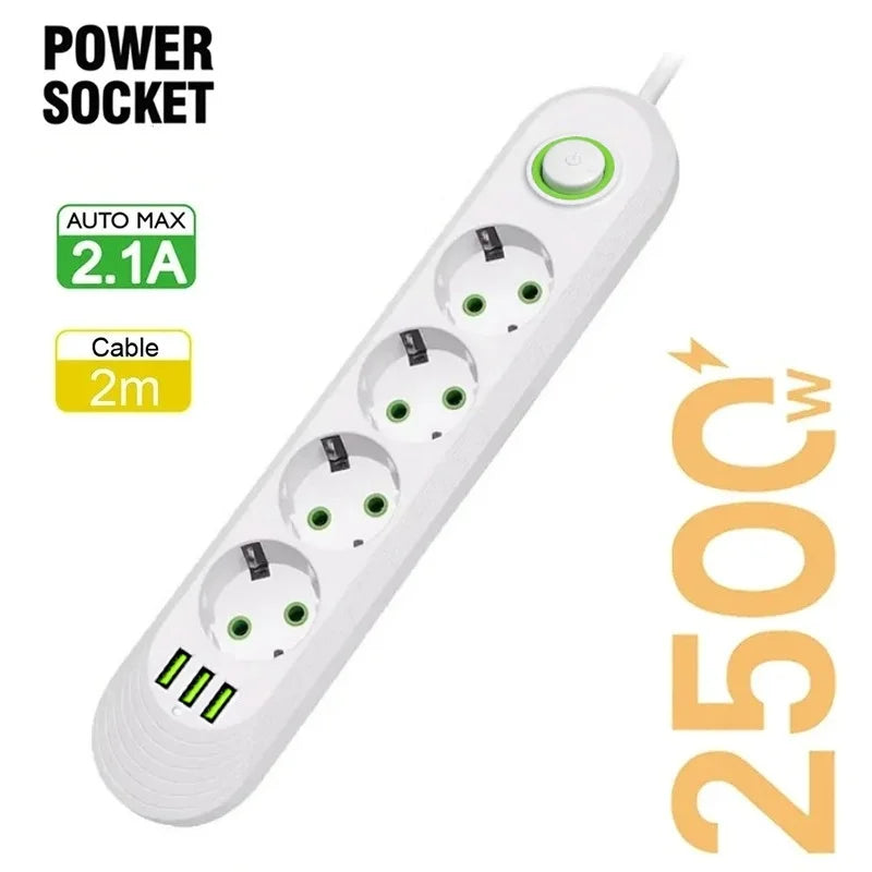 EU Plug 2m (6.6ft) 2500W Power Strip 3 EU Sockets 3 USB Fast Charging Surge Protector with On/Off Switch