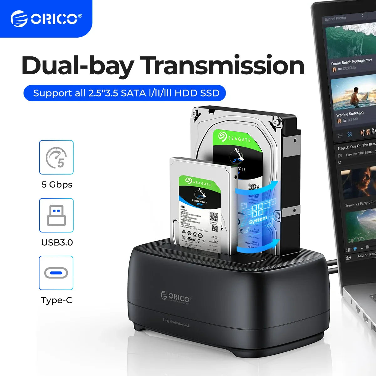 Dual-Bay HDD/SSD Docking Station USB 3.0 Type-C 5Gbps for 2.5"/3.5" Drives with 12V 3A Power Adapter (Supports up to 36TB)