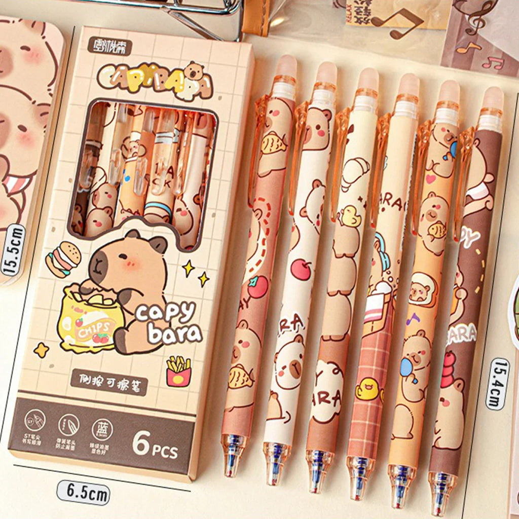 Capybara Erasable Gel Pens 6-Pack Refillable 0.5mm Smudge-Free Cute Animal Stationery for School & Office