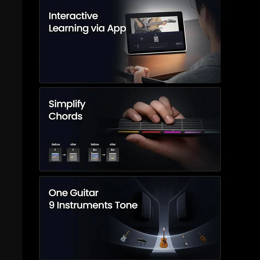 Portable Smart Hybrid Guitar — Pain-Free Silicone Strings, 9 Tone Modes, Built-In Speaker & Mic