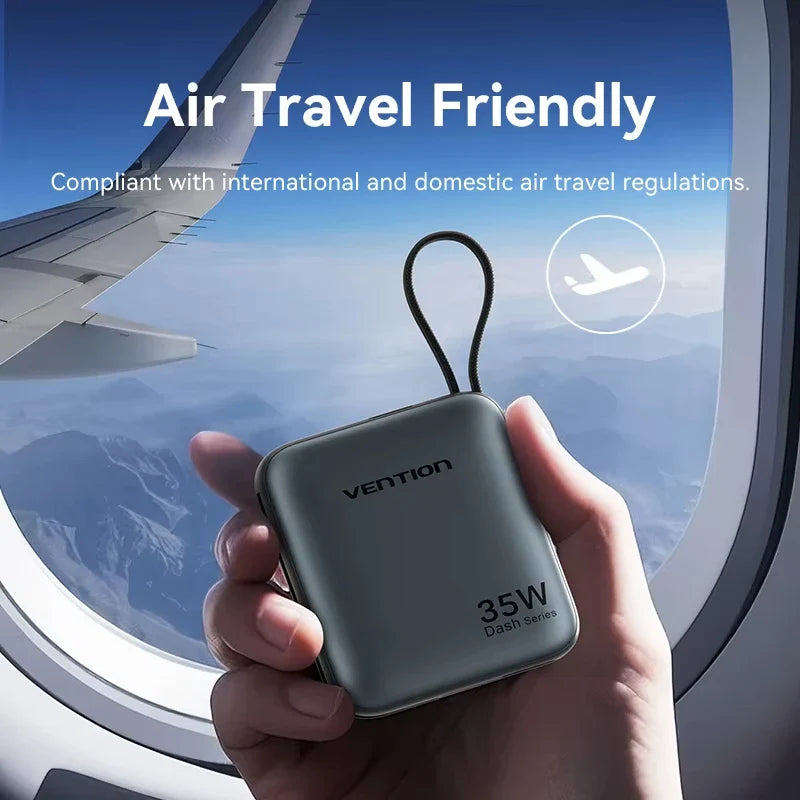 35W 10000mAh Mini Power Bank PD Fast Charge with Built-in USB-C Cable, LED Display, Dual-Port Portable Charger