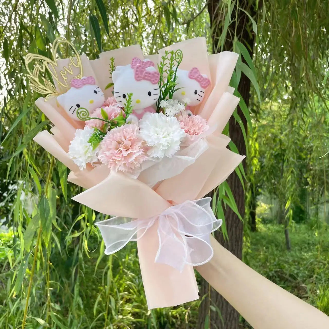 Kawaii Cat Plush Bouquet with Artificial Flowers — Cute Plush Doll Gift for Her, Valentine, Birthday, Graduation