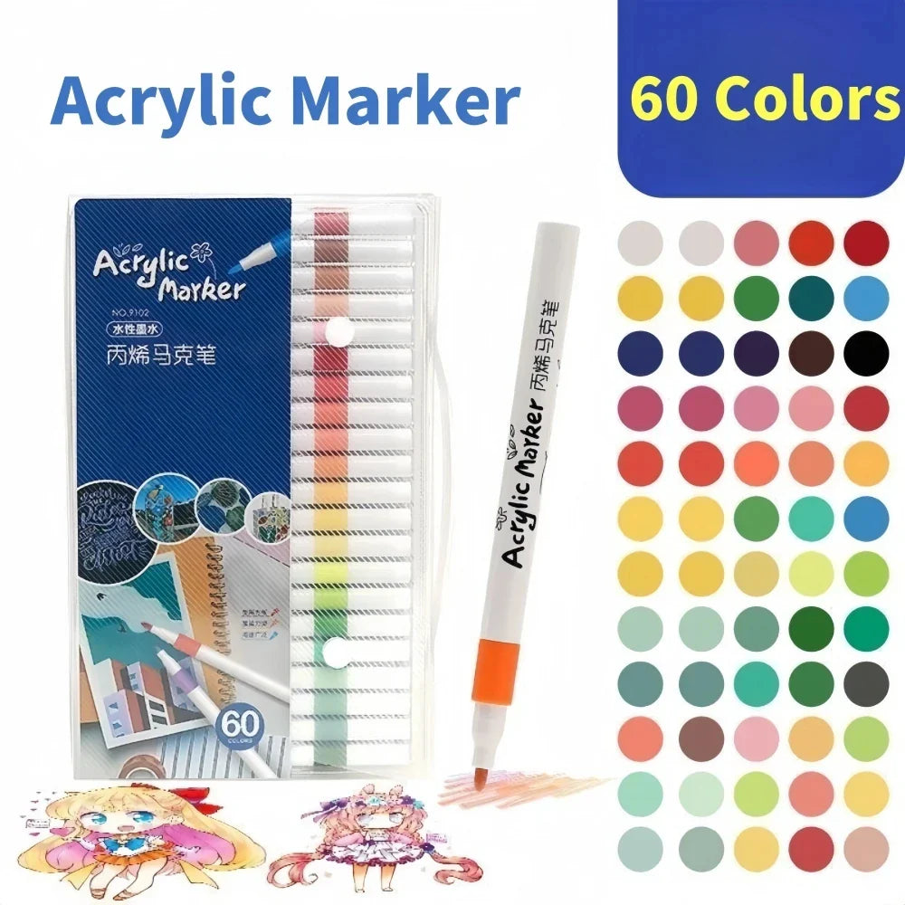 Acrylic Paint Marker Pens – 12/24/36/48/60 Color Sets in PVC Case | Quick-Dry Waterproof Soft Tip for Fabric, Ceramic, Glass, Wood, Stone