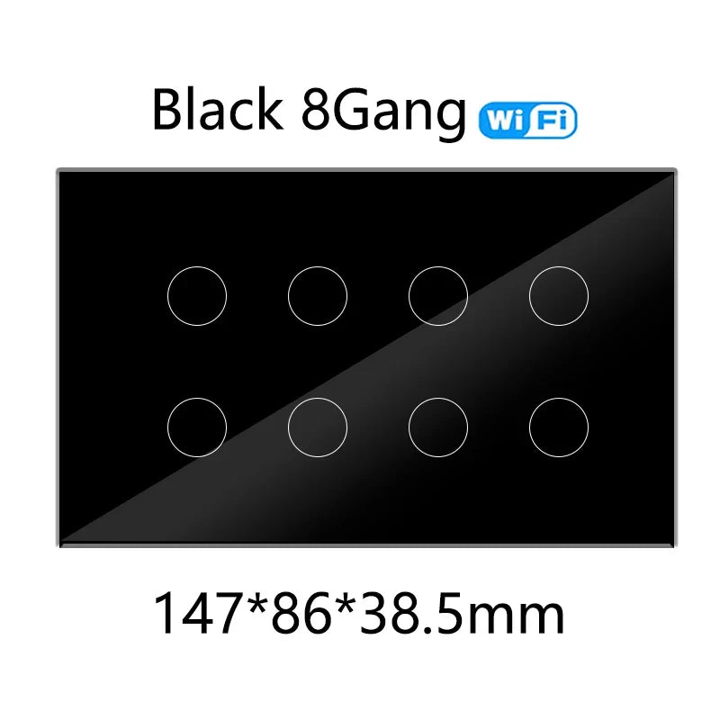 WiFi Smart Touch Glass Wall Light Switch — 8 Gang or 10 Gang (147 x 86 x 38.5 mm / 5.79 x 3.39 x 1.52 in) — Tuya/Smart Life, Alexa & Google Home