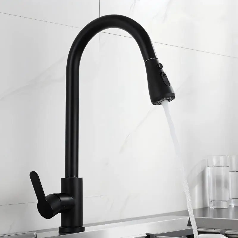 Pull-Out Kitchen Faucet 304 Stainless Steel Deck-Mounted Mixer Tap, Single-Handle Hot & Cold with Brushed Pull-Down Spray