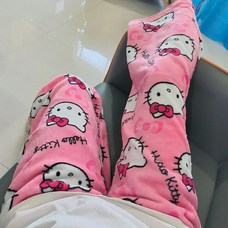 Women’s Flannel Fleece Pajama Pants – Kawaii Cartoon Elastic Waist Lounge & Sleep Trousers, Soft Anime Sleepwear Gift