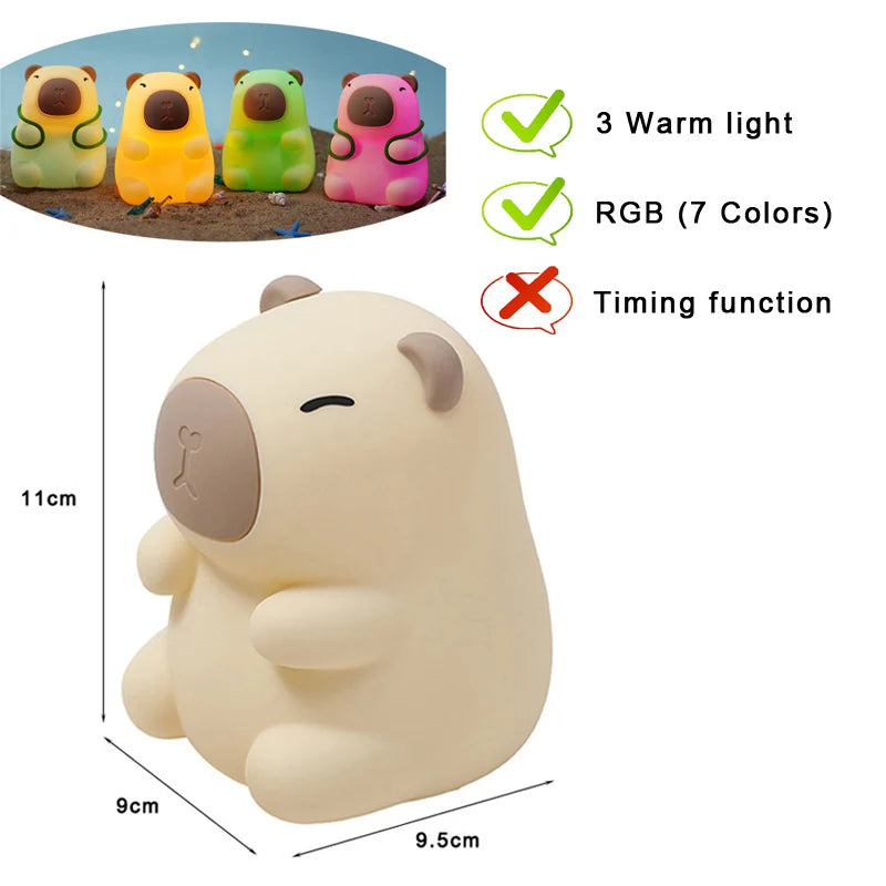 Capybara & Mango LED Night Light for Kids — Touch Sensor Rechargeable USB Dimmable RGB Lamp with Timer