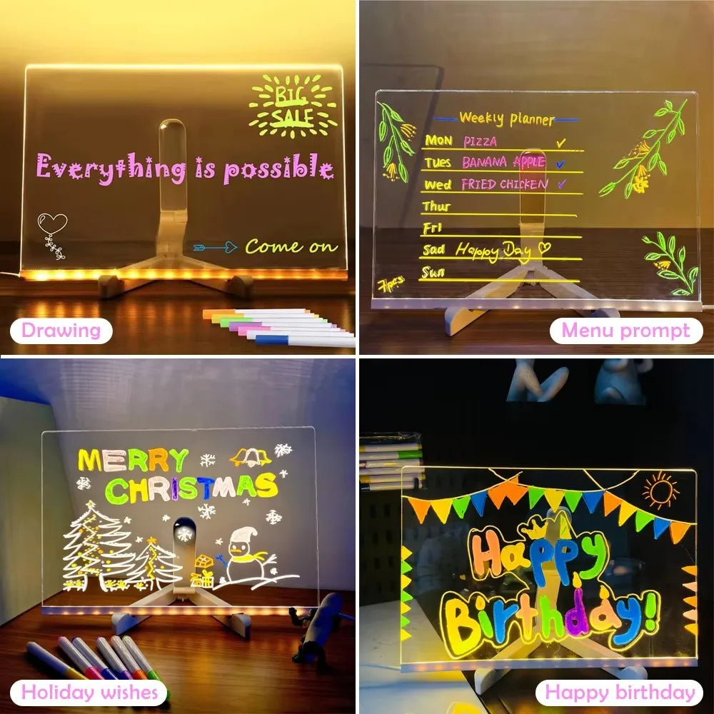 USB LED Acrylic Message Board Night Light with 7 Color Marker Pens — Rewritable Glowing Writing & Drawing Board for Home, Office & School
