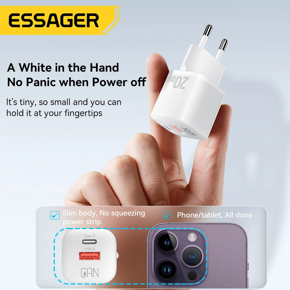 20W GaN USB-C Travel Charger with USB-A & USB-C Ports, USB PD & Quick Charge