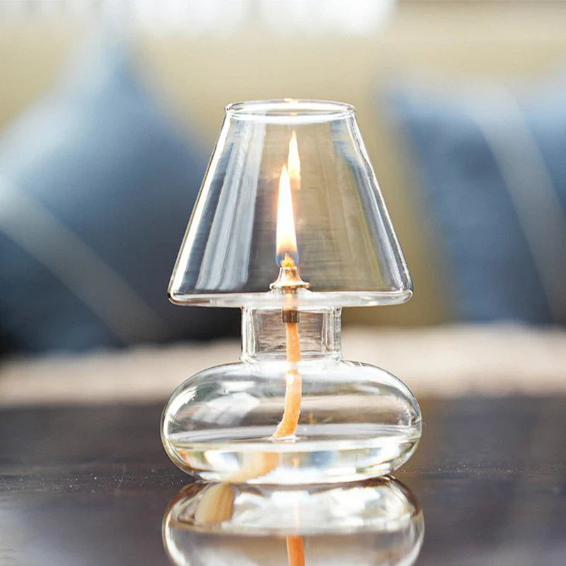 Hand-Blown Clear Glass Oil Lamp Lantern – Windproof Candle Holder for Home, Wedding & Patio