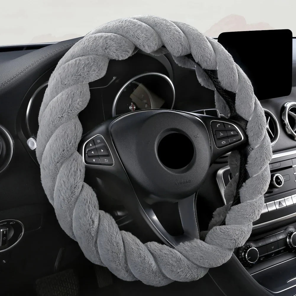 Fluffy Plush Steering Wheel Cover 38 cm (15 in) Pink, Warm Non-Slip Grip, Easy Install