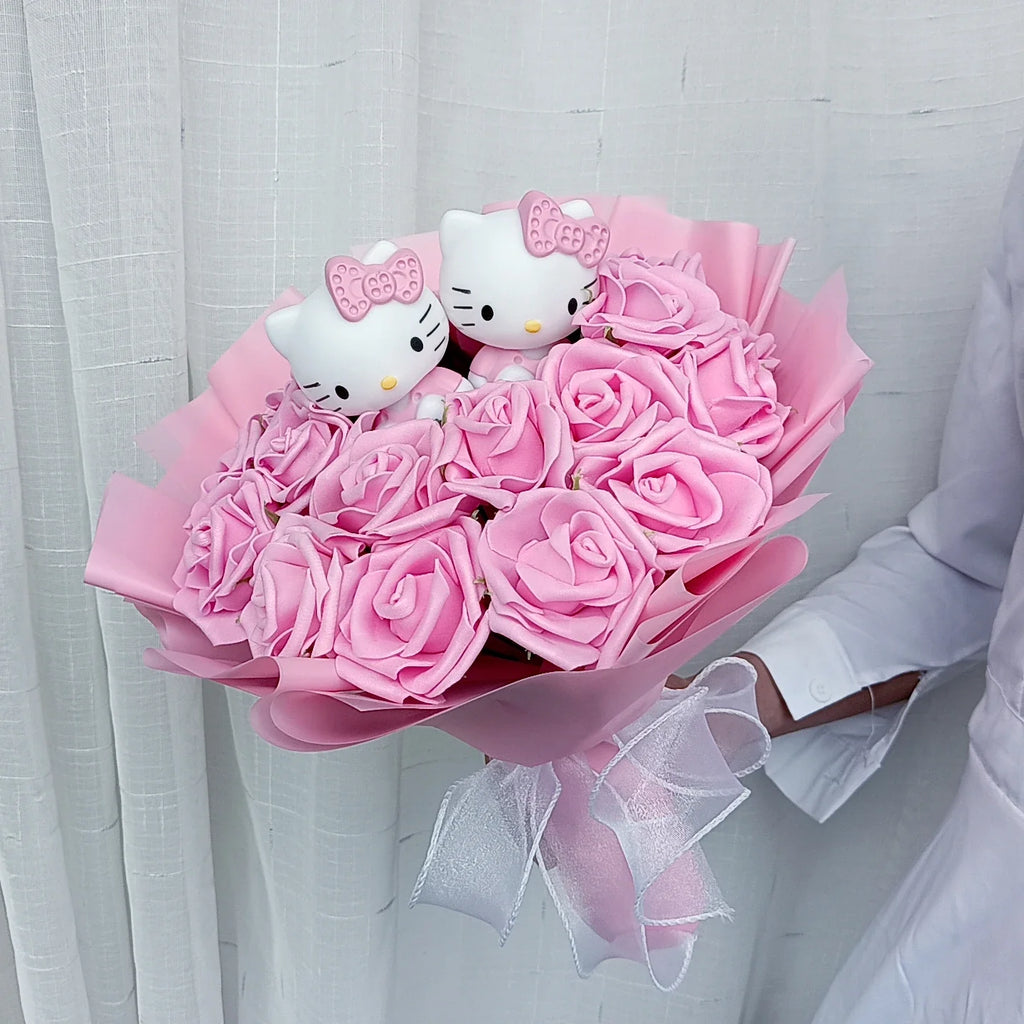 Kawaii Cat Plush Bouquet with Soap Rose Flowers — Cute Valentine's Day, Birthday & Graduation Gift