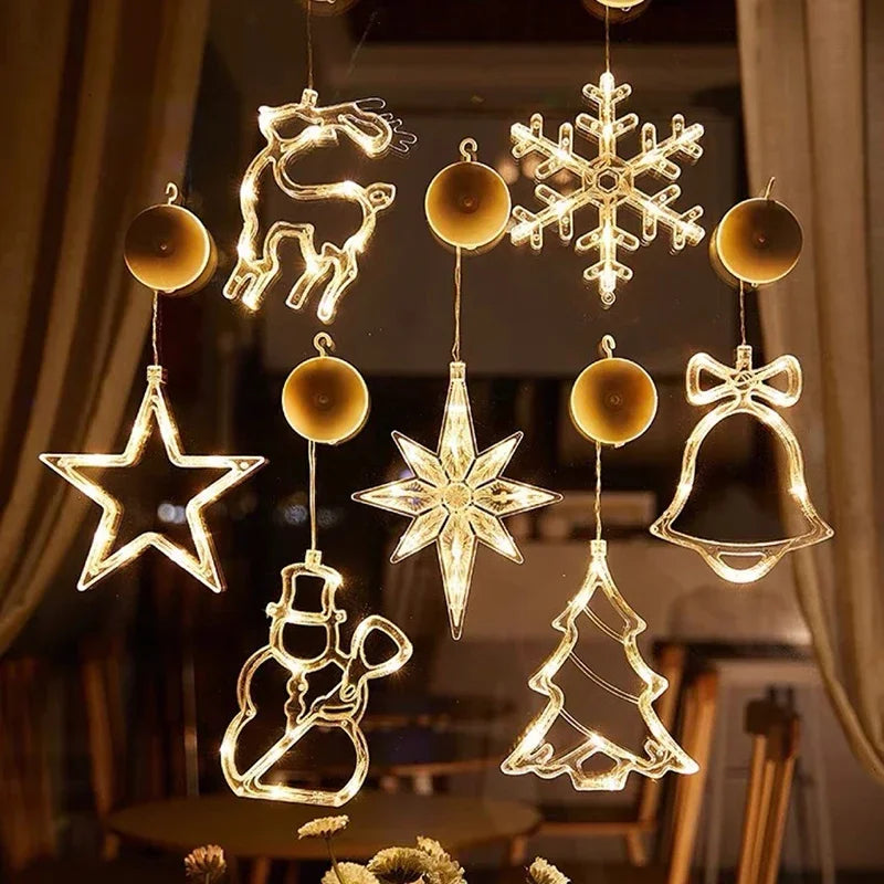 Battery-Operated Christmas LED Snowflake & Santa Hanging Window Ornaments – Warm White Holiday Decor