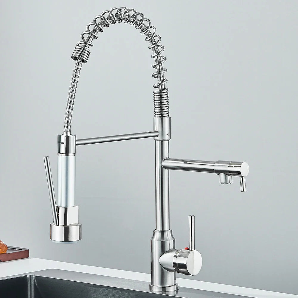 Pull-Down Spring Kitchen Faucet Single Lever Mixer Retractable Dual Spout Hot & Cold Stainless Steel